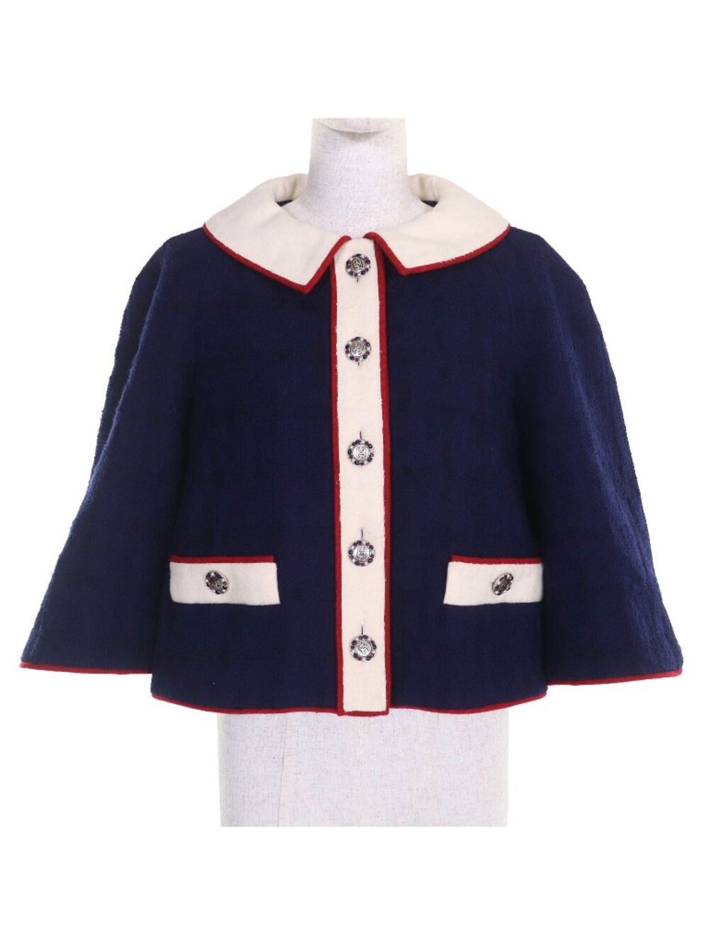 Chanel Coco Buttons Short Sleeve Wool Tweed Jacket Navy Ivory Red 40